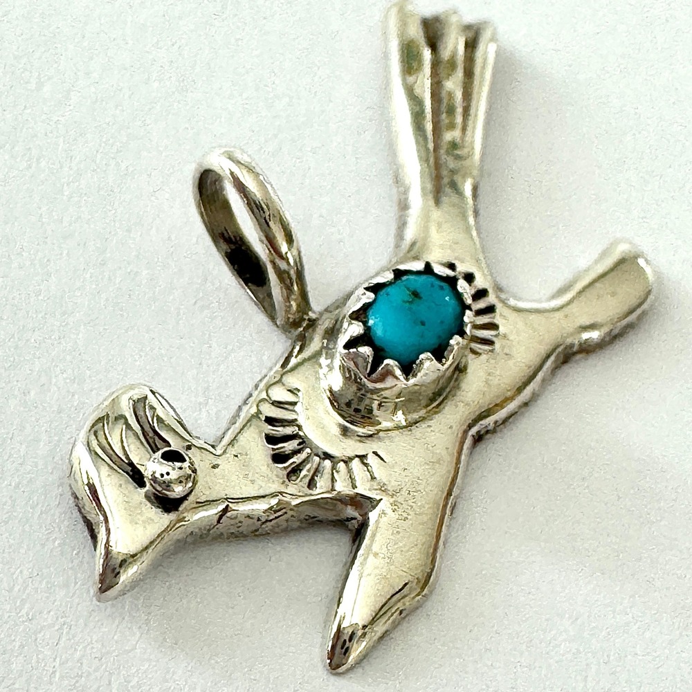 VTG Navajo Roadrunner Turquoise Pendant 1in Sterling Charm‎ Native Amer Bird Sm